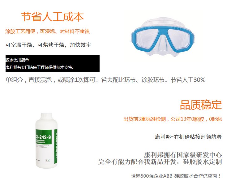 節(jié)省人工成本 單組份 直接浸泡 噴涂1次即可 省去配比環(huán)節(jié) 涂膠環(huán)節(jié) 節(jié)省人工30% 硅膠跟PC粘接膠水CL-24S-9優(yōu)勢(shì)